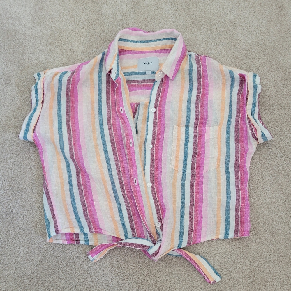 Rails Amelie Tie Front Striped Linen Blend Shirt Size XS
